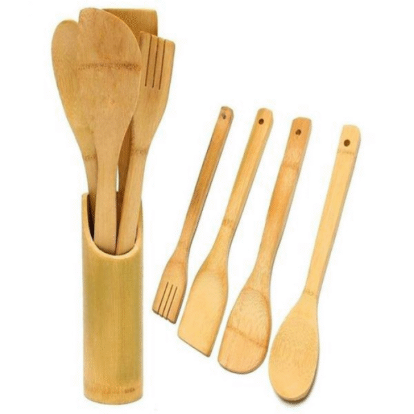 BAMBOO WOODEN CHINA KITCHEN COOKING SPOON 4-PCS WITH HOLDER
