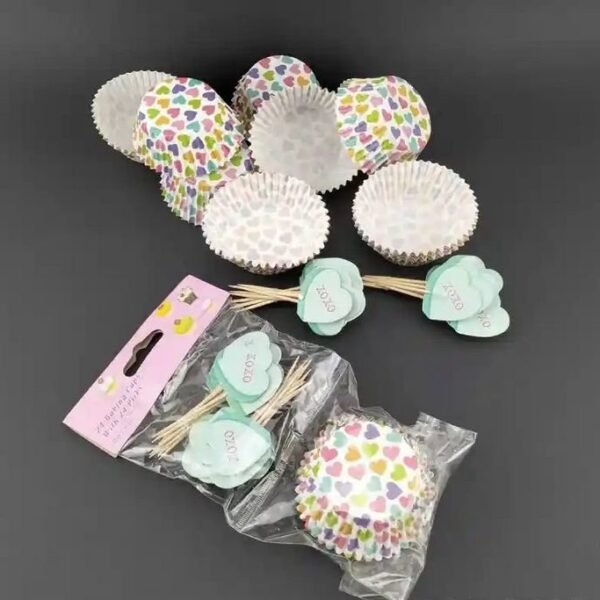 Cupcake Baking Liners and Heart Topper Picks (24 Cups with 24 Picks)
