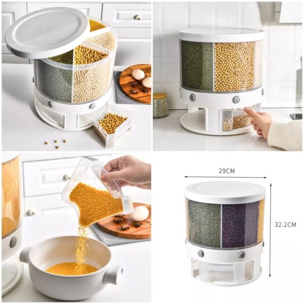 6-Grid Large Rotating Cereals Storage Container – 10kg Capacity, Moisture-Proof, and Durable