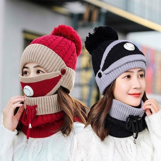 3pcs Set Ladies Winter Wool Hat & Scarf With Mask (Random Colors)(Premium Quality)